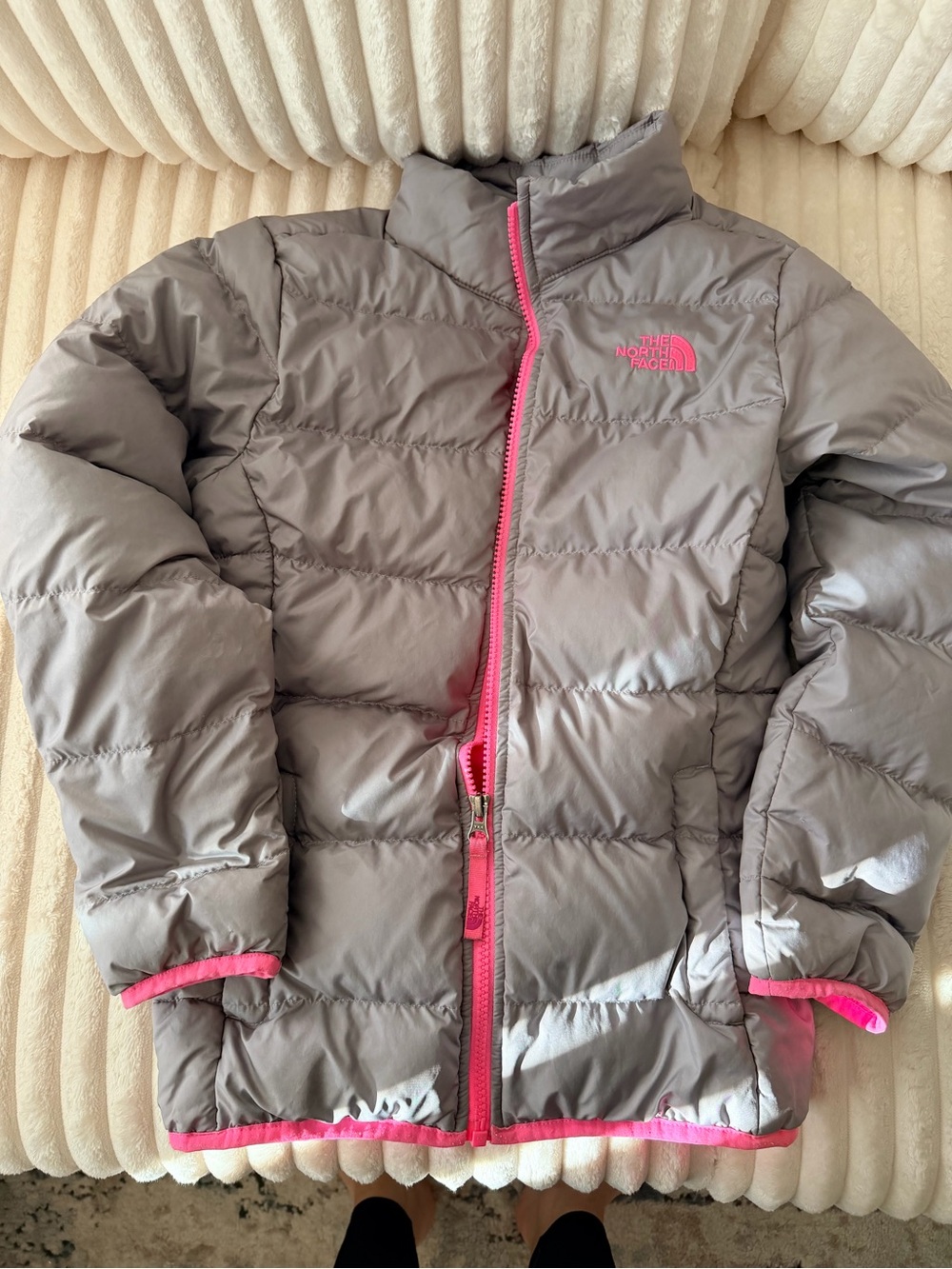 The North Face Kids Gray Puffer Jacket with Pink Trim